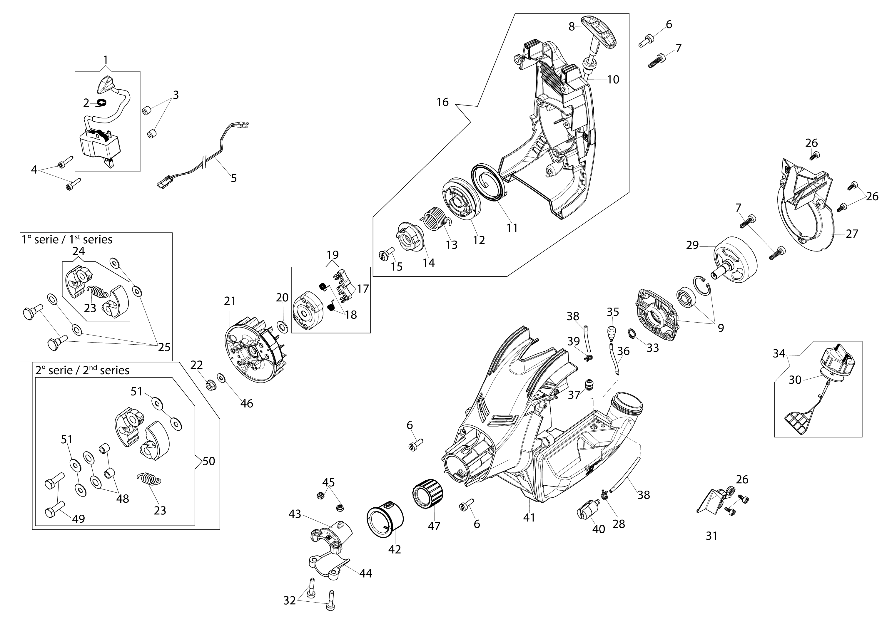 Starter assy and fuel tank