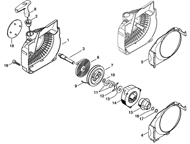 Fan housing with rewind starter