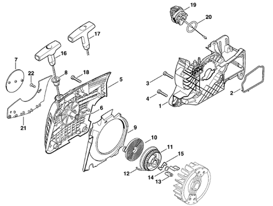 Fan housing with rewind starter