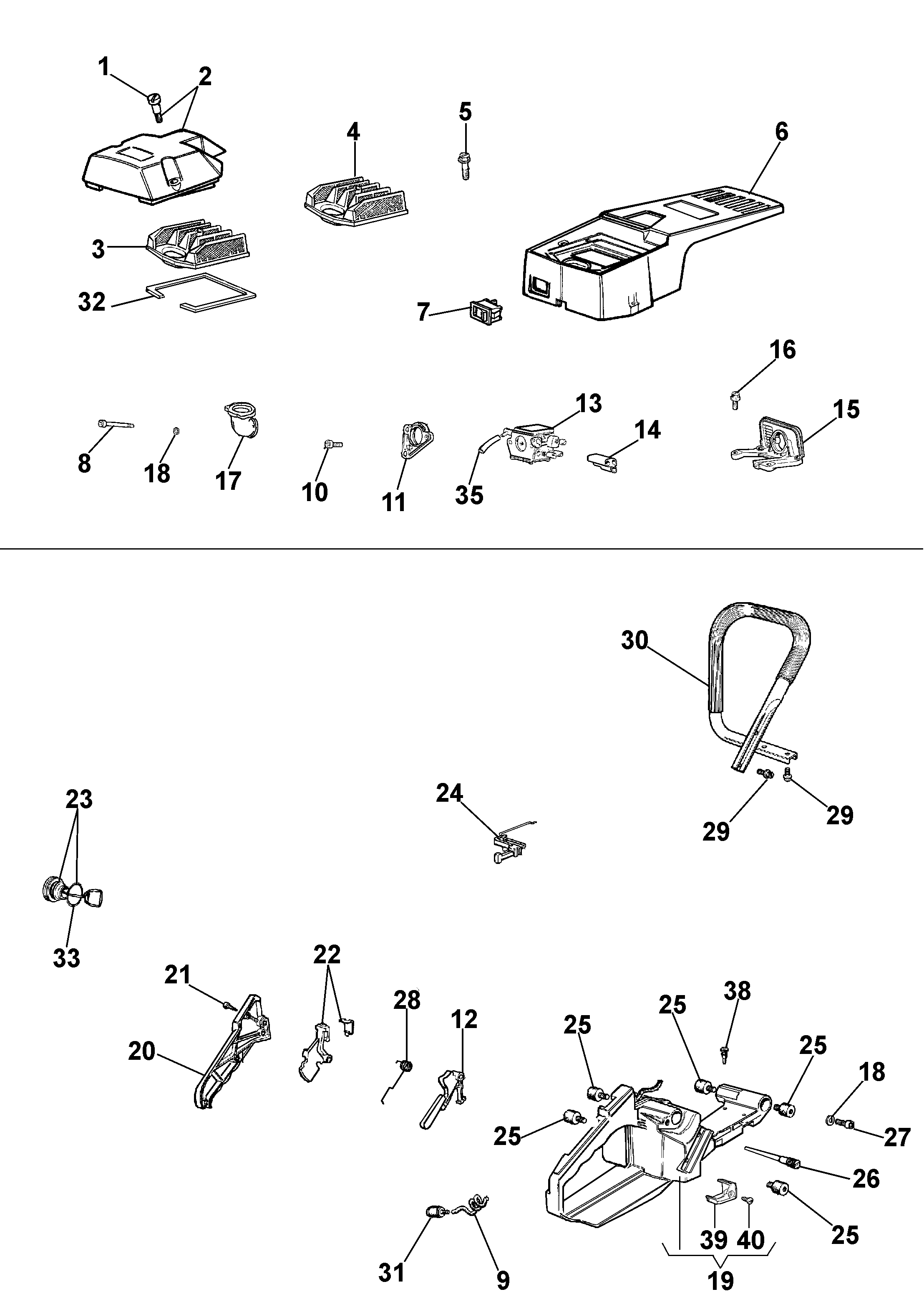 Fuel tank, air filter and handle