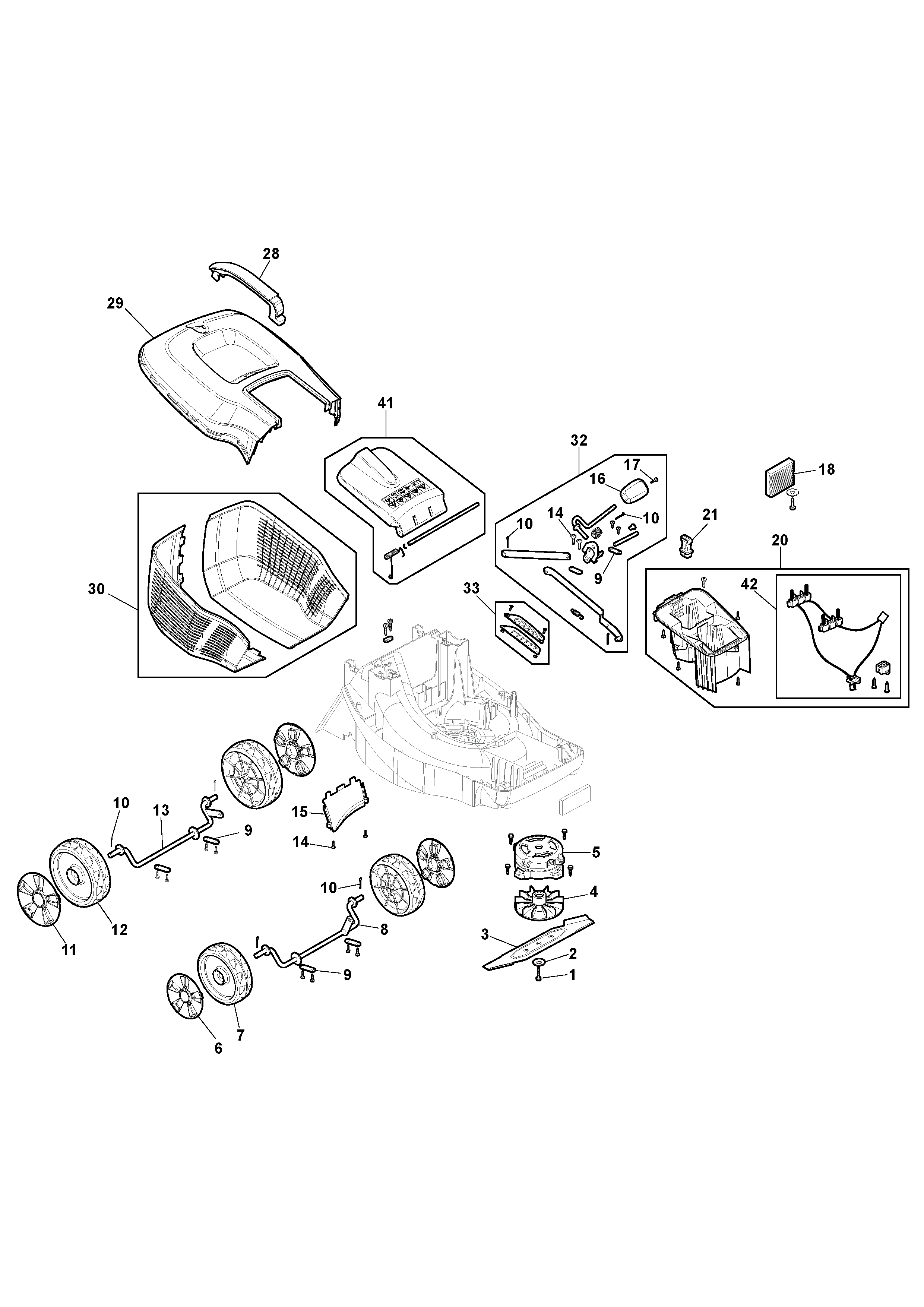 Wheels, Blade, Motor, Grasscatcher