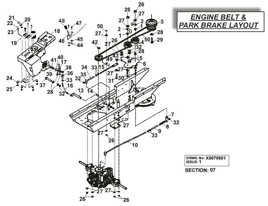 Engine belt & Park brake layout