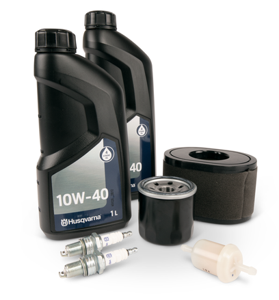 Flymo Maintenance Kit with air filter, fuel filter, oil filter, spark plug (x2) and motor oil (x2)